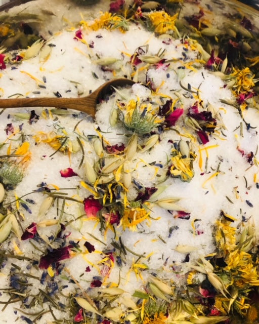 Calm & Restore your body and mind with herbs and bath salts. Herbal baths promote relaxation, ease tension, and reduce stress. Calendula, Oats and Rose petals, have anti-inflammatory and moisturizing properties that can benefit the skin.